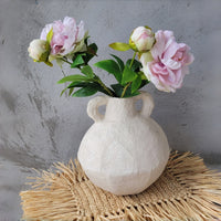 Waterproof Artisan Geometric Paper Mache Vase with Handles | Cream Textured Boho Vase for Dried Flowers | Rustic Centerpiece Decor