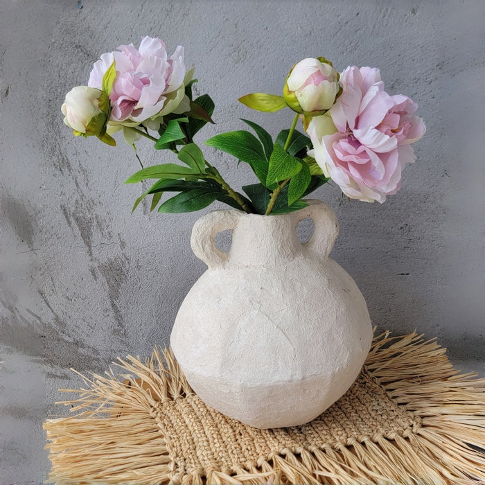 Waterproof Artisan Geometric Paper Mache Vase with Handles | Cream Textured Boho Vase for Dried Flowers | Rustic Centerpiece Decor