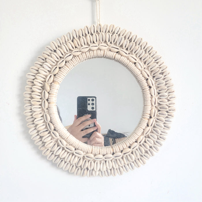 DECORATIVE MIRROR-WALL DECORATION-SHELLS mirror Boho Round Wall Mirror with Cowrie Shells - Coastal Home Decor Accent