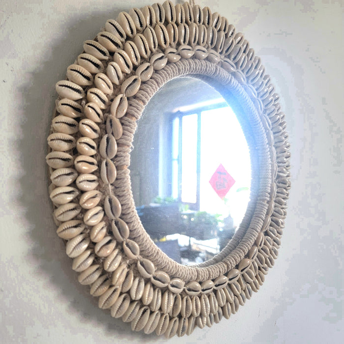DECORATIVE MIRROR-WALL DECORATION-SHELLS mirror Boho Round Wall Mirror with Cowrie Shells - Coastal Home Decor Accent