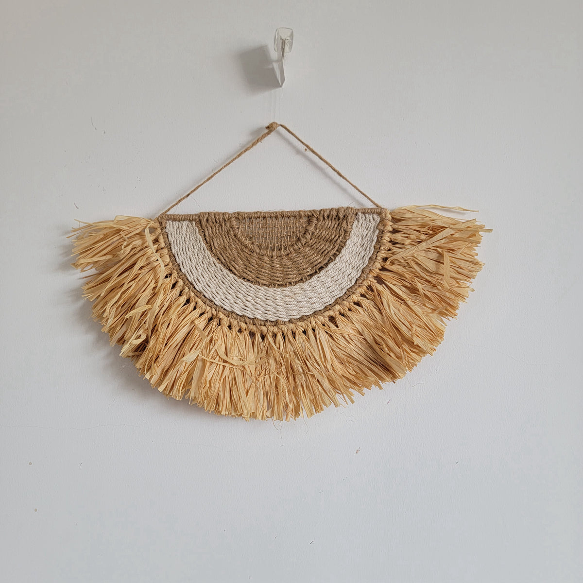 Boho Raffia Fan Wall Decor | Handcrafted Semi - Circle Fringe Hanging Handwoven Raffia Fan - Shaped Wall Hanging | Boho Coastal Fringe Decor