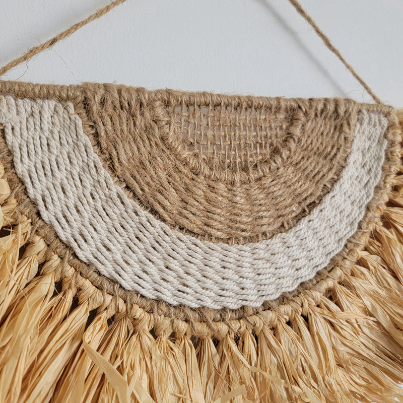 Boho Raffia Fan Wall Decor | Handcrafted Semi - Circle Fringe Hanging Handwoven Raffia Fan - Shaped Wall Hanging | Boho Coastal Fringe Decor