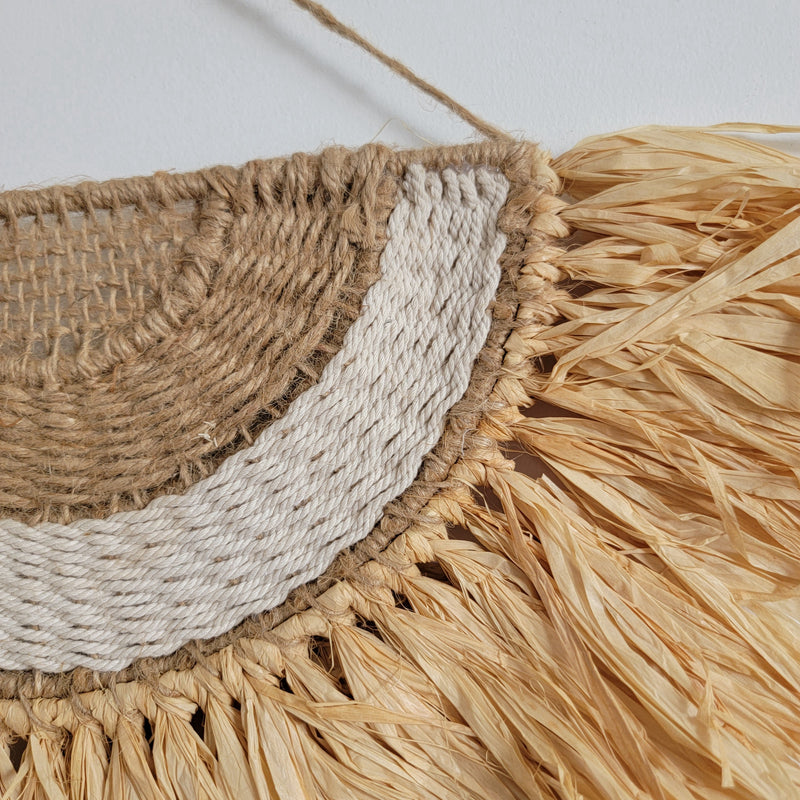 Boho Raffia Fan Wall Decor | Handcrafted Semi - Circle Fringe Hanging Handwoven Raffia Fan - Shaped Wall Hanging | Boho Coastal Fringe Decor