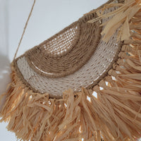 Boho Raffia Fan Wall Decor | Handcrafted Semi - Circle Fringe Hanging Handwoven Raffia Fan - Shaped Wall Hanging | Boho Coastal Fringe Decor