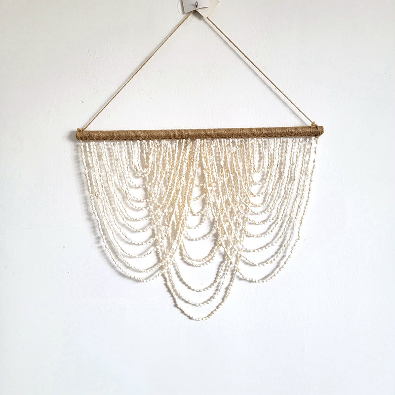 Boho Handcrafted Seashell Beaded Fringe Wall Hanging | Coastal Jute - Rod Decor  Unique Handwoven Seashell Beaded Fringe Wall Hanging | Boho Coastal Art