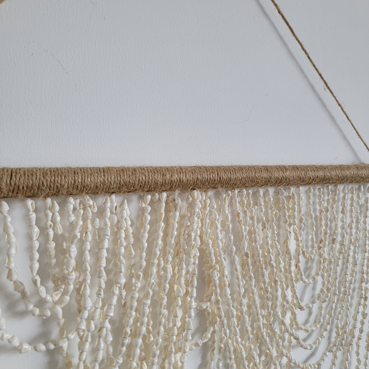 Boho Handcrafted Seashell Beaded Fringe Wall Hanging | Coastal Jute - Rod Decor  Unique Handwoven Seashell Beaded Fringe Wall Hanging | Boho Coastal Art