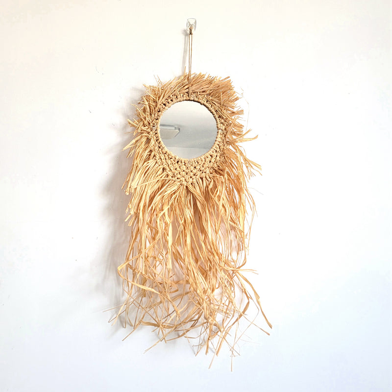 RAFFIA MIRROR NATURAL FIBER CROCHET AND WEAVING,Wall Hanging Decor SIZE: D26CM, H65CM