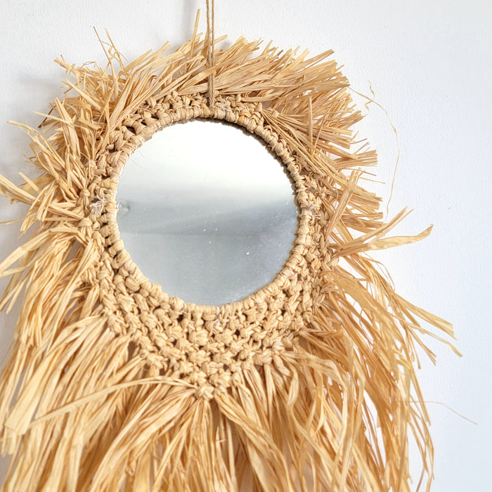 RAFFIA MIRROR NATURAL FIBER CROCHET AND WEAVING,Wall Hanging Decor SIZE: D26CM, H65CM
