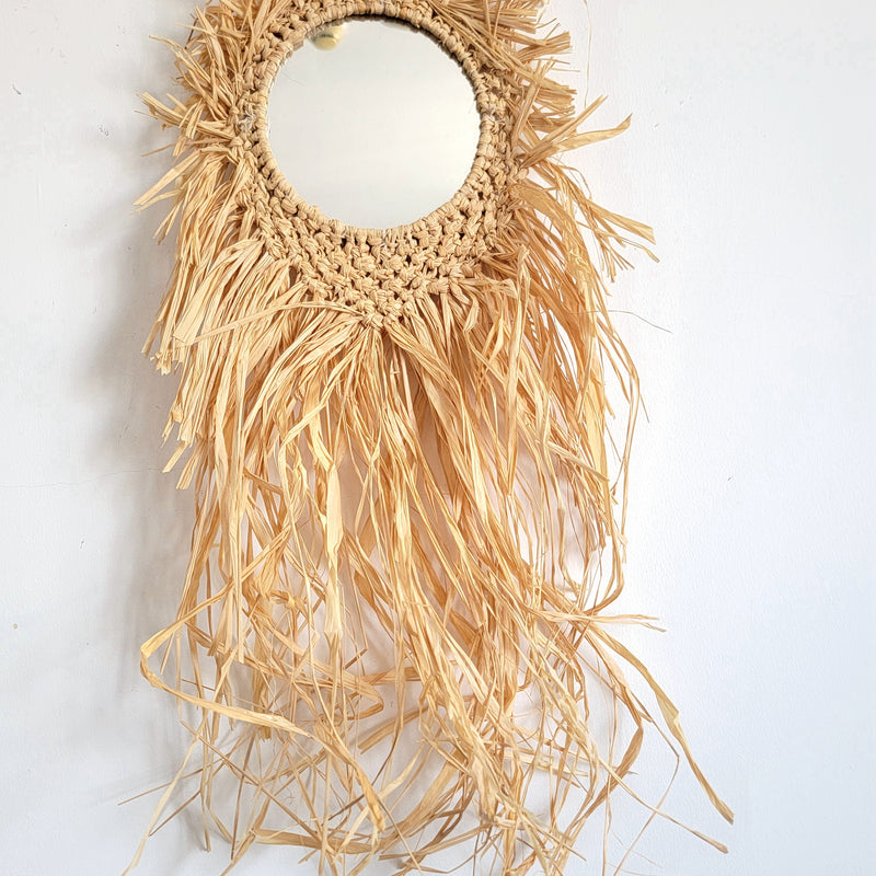 RAFFIA MIRROR NATURAL FIBER CROCHET AND WEAVING,Wall Hanging Decor SIZE: D26CM, H65CM