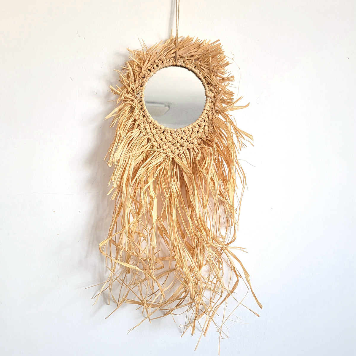 RAFFIA MIRROR NATURAL FIBER CROCHET AND WEAVING,Wall Hanging Decor SIZE: D26CM, H65CM