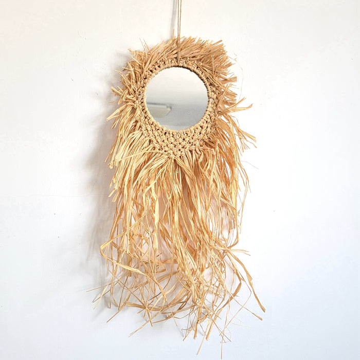 RAFFIA MIRROR NATURAL FIBER CROCHET AND WEAVING,Wall Hanging Decor SIZE: D26CM, H65CM