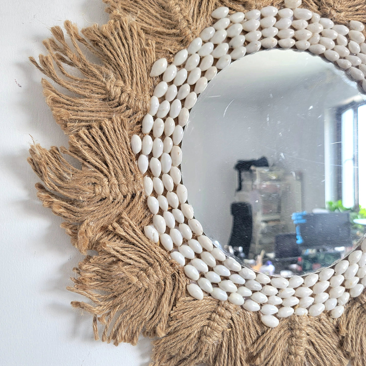 Handmade Macrame Mirror Bohemian Space Unique Wall Hanging Hemp rope with shells by handwork decorative mirror