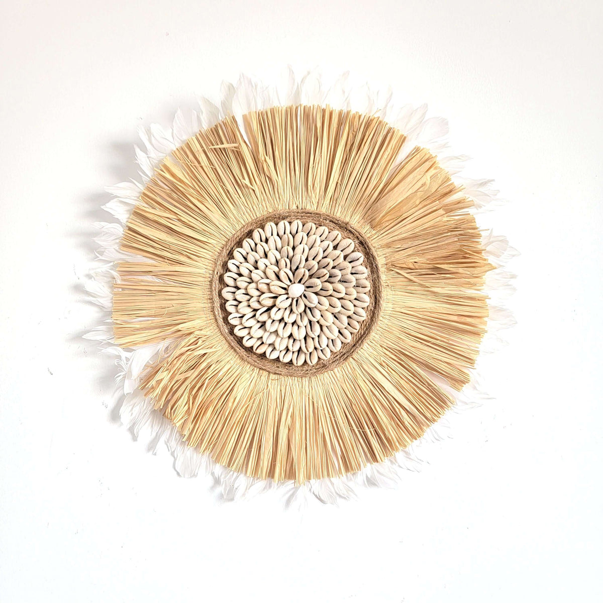 Seashell & Raffia & feathers juju hat Wall Decor - Boho handcrafted wall art with straw and feathers.