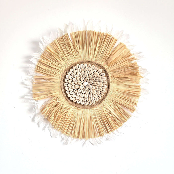 Seashell & Raffia & feathers juju hat Wall Decor - Boho handcrafted wall art with straw and feathers.