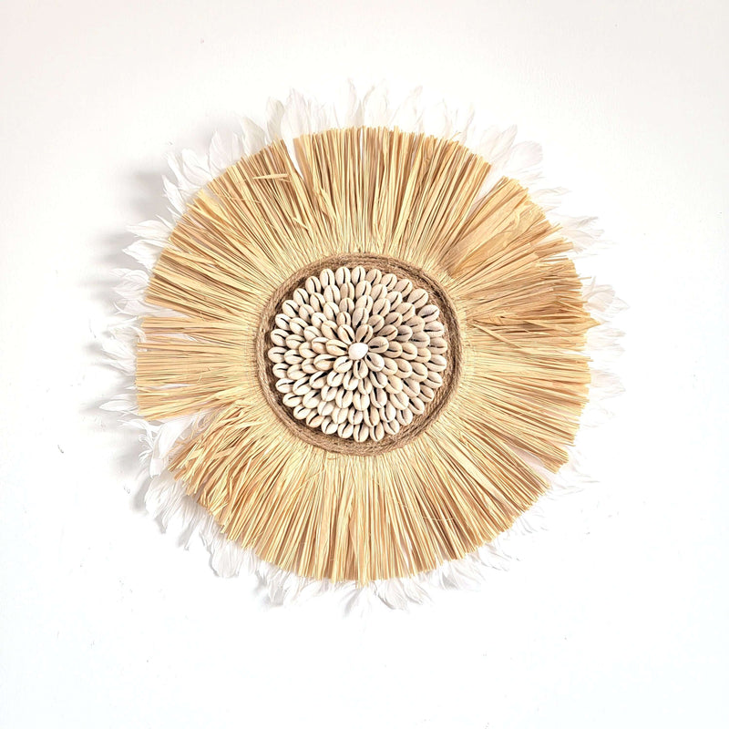 Seashell & Raffia & feathers juju hat Wall Decor - Boho handcrafted wall art with straw and feathers.