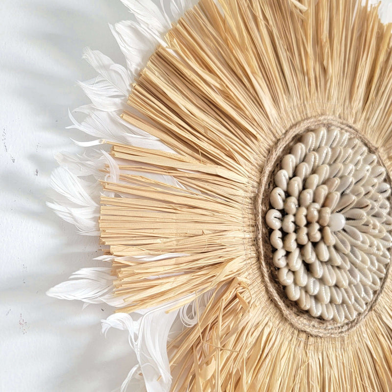 Seashell & Raffia & feathers juju hat Wall Decor - Boho, featuring natural textures of straw, feathers, and seashells.