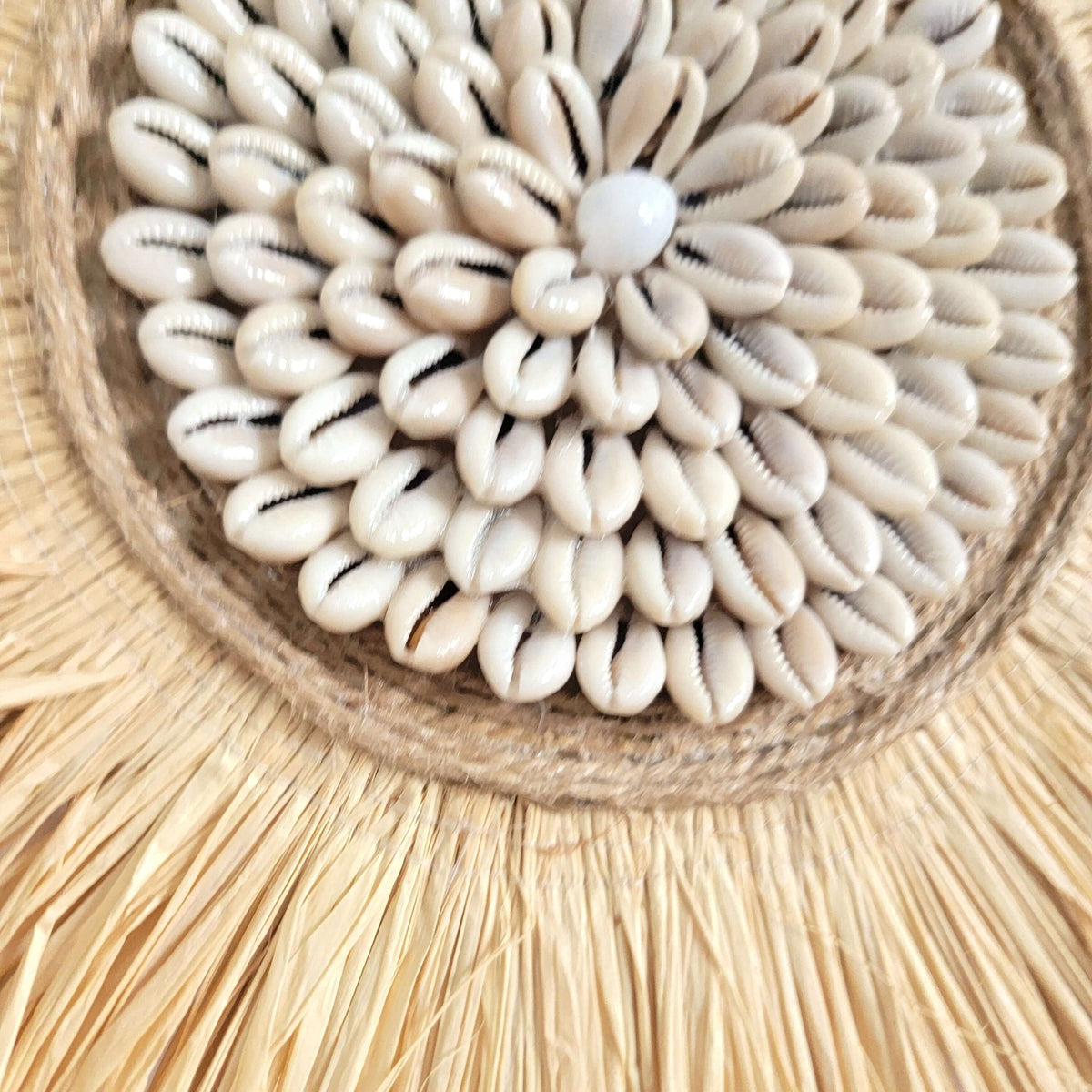 Seashell & Raffia & feathers juju hat Wall Decor - Boho close-up featuring natural seashell textures.