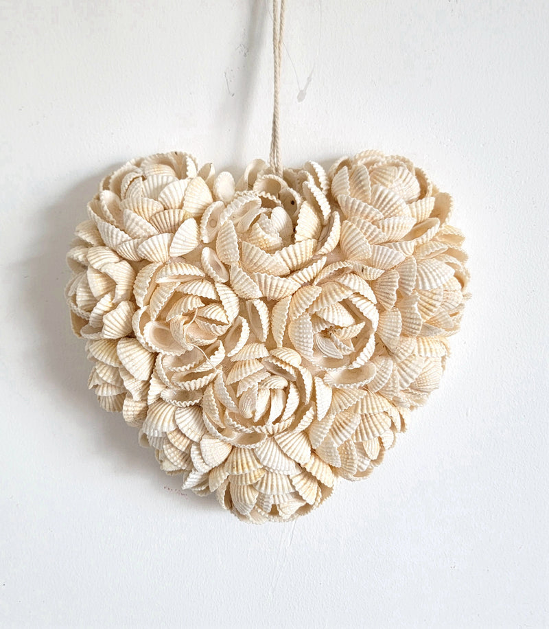 Seashell Heart Wall Art - Handcrafted Floral Boho Coastal Romantic Decor Handmade Floral Seashell Heart Wall Hanging | Boho Coastal Romantic Decor