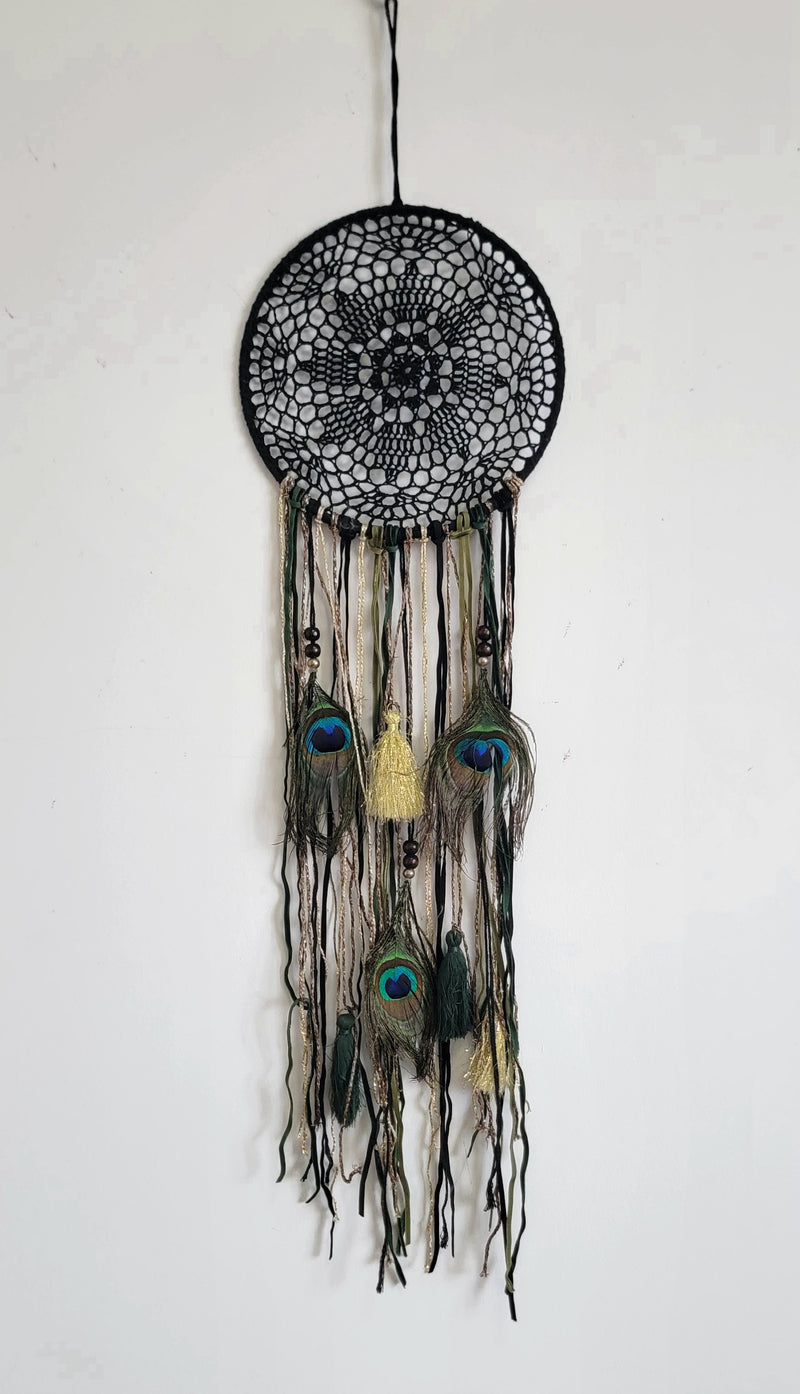 DREAMCATCHER-HOME DECORATION- Black colour with feather and with peacock feathers-D20CM, H38CM