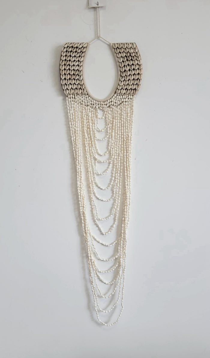 Handmade Layered Shell & Bead Wall Hanging | Boho Coastal Wall Decor Boho Coastal Handmade Shell Wall Art with Layered Bead Strands  Artisan-Crafted Shell & Pearl-Like Bead Wall Hanging | Nautical Boho Decor