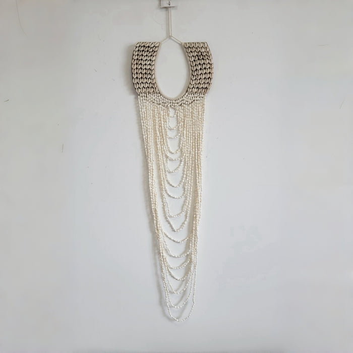 Handmade Layered Shell & Bead Wall Hanging | Boho Coastal Wall Decor Boho Coastal Handmade Shell Wall Art with Layered Bead Strands  Artisan-Crafted Shell & Pearl-Like Bead Wall Hanging | Nautical Boho Decor