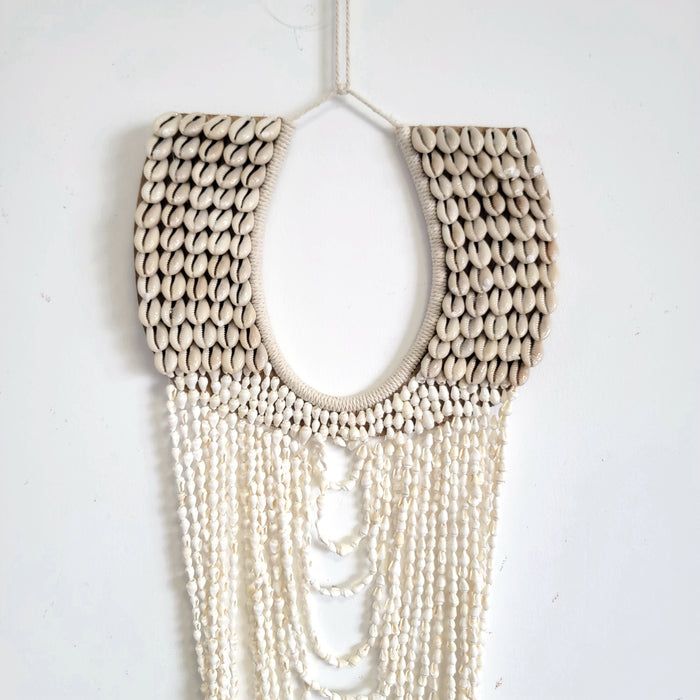 Handmade Layered Shell & Bead Wall Hanging | Boho Coastal Wall Decor Boho Coastal Handmade Shell Wall Art with Layered Bead Strands  Artisan-Crafted Shell & Pearl-Like Bead Wall Hanging | Nautical Boho Decor