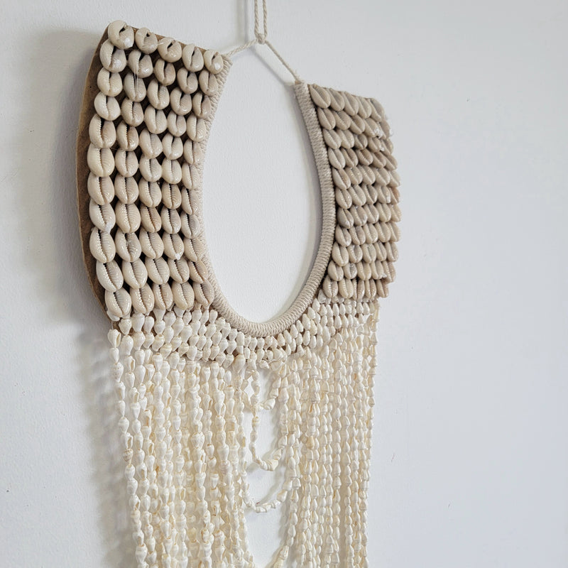 Handmade Layered Shell & Bead Wall Hanging | Boho Coastal Wall Decor Boho Coastal Handmade Shell Wall Art with Layered Bead Strands  Artisan-Crafted Shell & Pearl-Like Bead Wall Hanging | Nautical Boho Decor