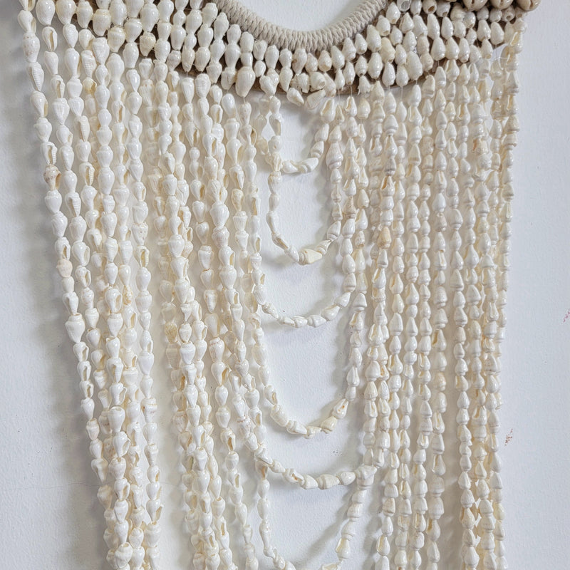 Handmade Layered Shell & Bead Wall Hanging | Boho Coastal Wall Decor Boho Coastal Handmade Shell Wall Art with Layered Bead Strands  Artisan-Crafted Shell & Pearl-Like Bead Wall Hanging | Nautical Boho Decor