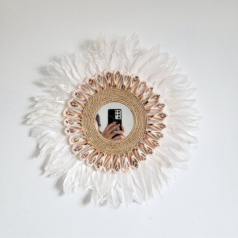 Feather Wall Mirror A Dreamy Bohemian Accent Handcrafted feather and shell  mirror