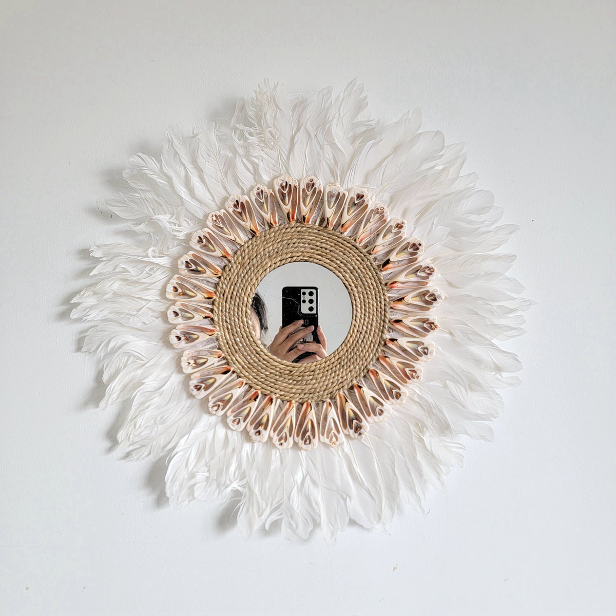 Feather Wall Mirror A Dreamy Bohemian Accent Handcrafted feather and shell  mirror