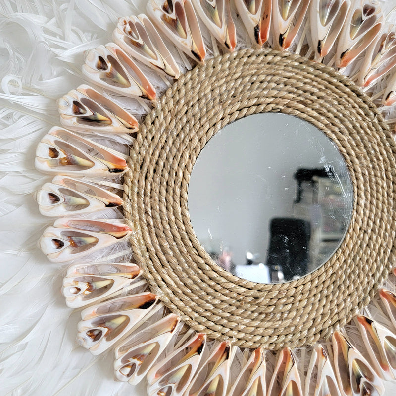 Feather Wall Mirror A Dreamy Bohemian Accent Handcrafted feather and shell  mirror
