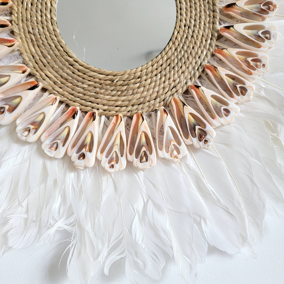 Feather Wall Mirror A Dreamy Bohemian Accent Handcrafted feather and shell  mirror