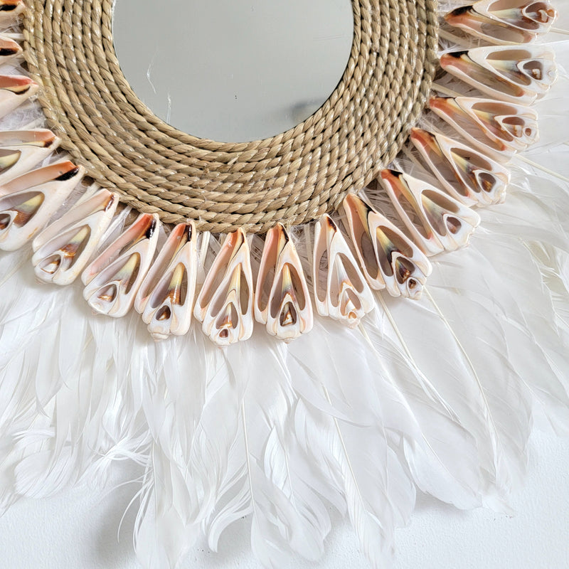 Feather Wall Mirror A Dreamy Bohemian Accent Handcrafted feather and shell  mirror