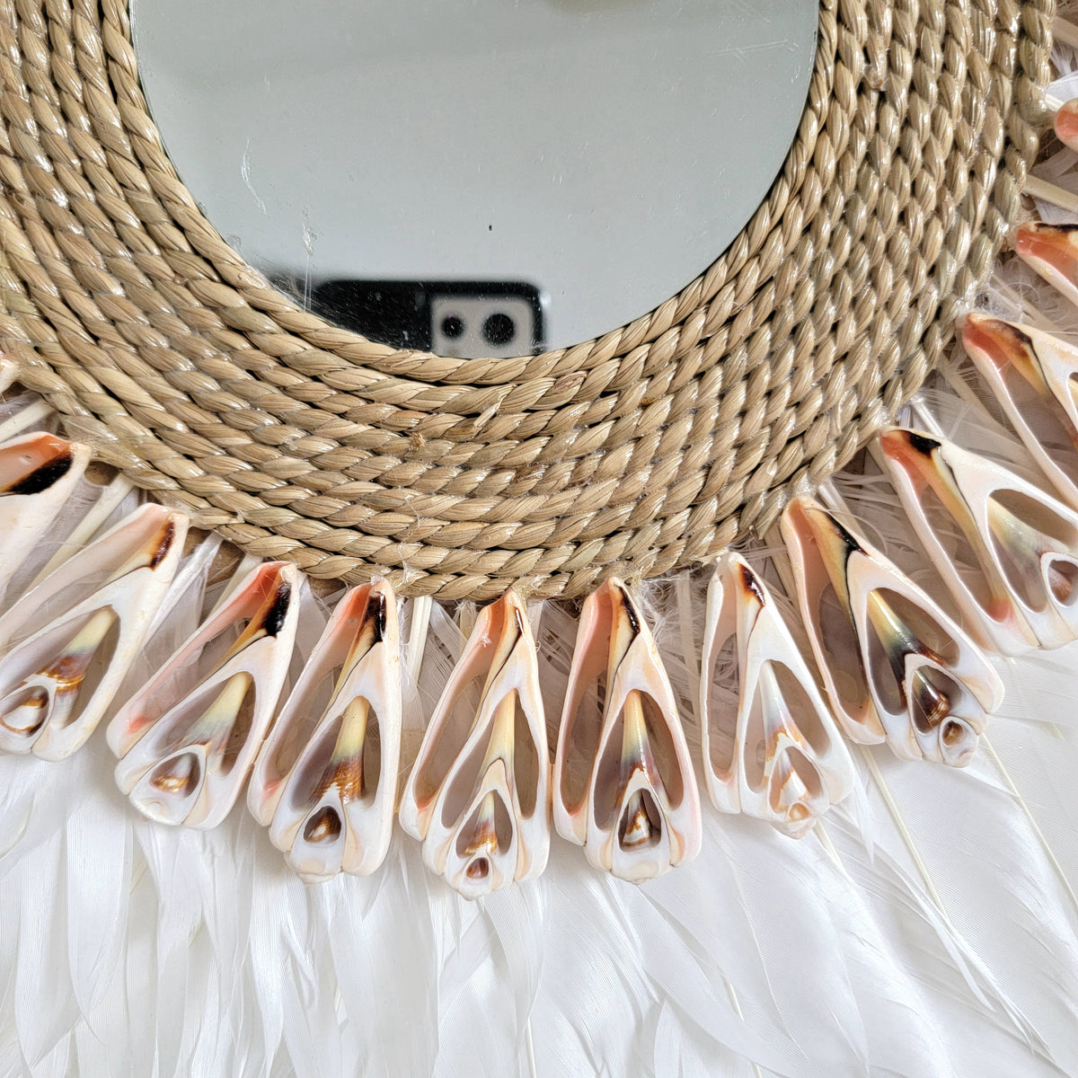 Feather Wall Mirror A Dreamy Bohemian Accent Handcrafted feather and shell  mirror