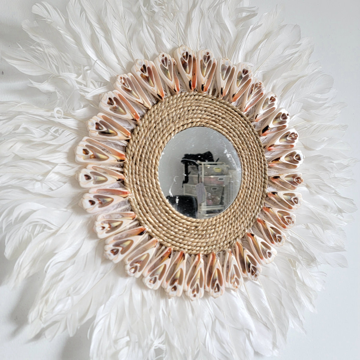 Feather Wall Mirror A Dreamy Bohemian Accent Handcrafted feather and shell  mirror