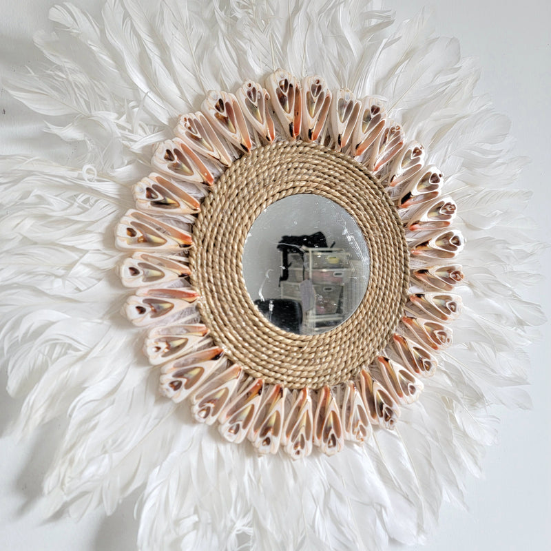 Feather Wall Mirror A Dreamy Bohemian Accent Handcrafted feather and shell  mirror