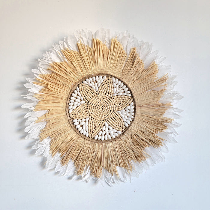 FREE SHIPPING JUJU HAT RAFFIA DECORATION-D52CM-WITH RAFFIA SHELLS WOODEN BEADS