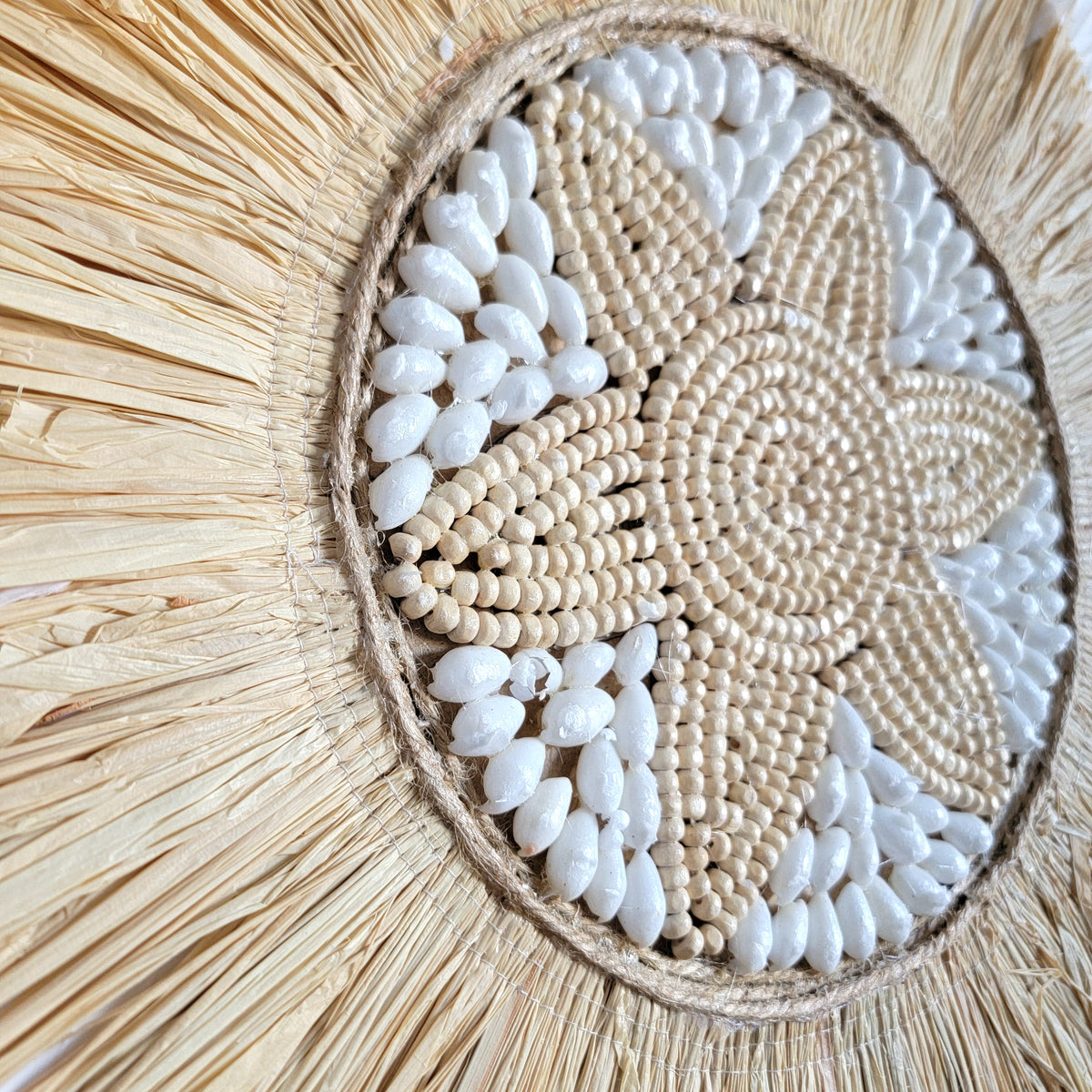 FREE SHIPPING JUJU HAT RAFFIA DECORATION-D52CM-WITH RAFFIA SHELLS WOODEN BEADS