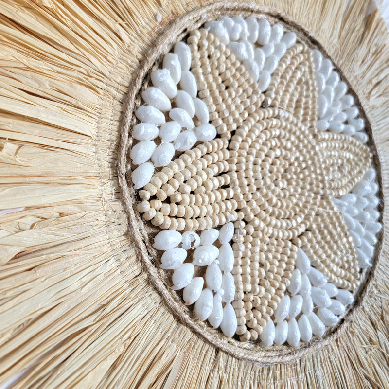 FREE SHIPPING JUJU HAT RAFFIA DECORATION-D52CM-WITH RAFFIA SHELLS WOODEN BEADS