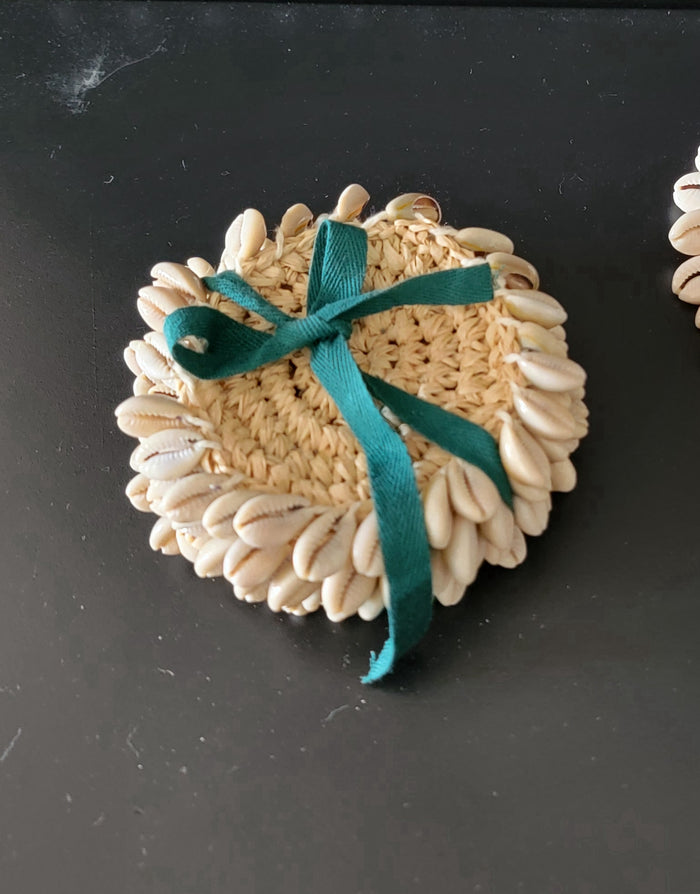 Handwoven Raffia Coasters with Natural Cowrie Shells – Boho Coastal Drink Coaster Set