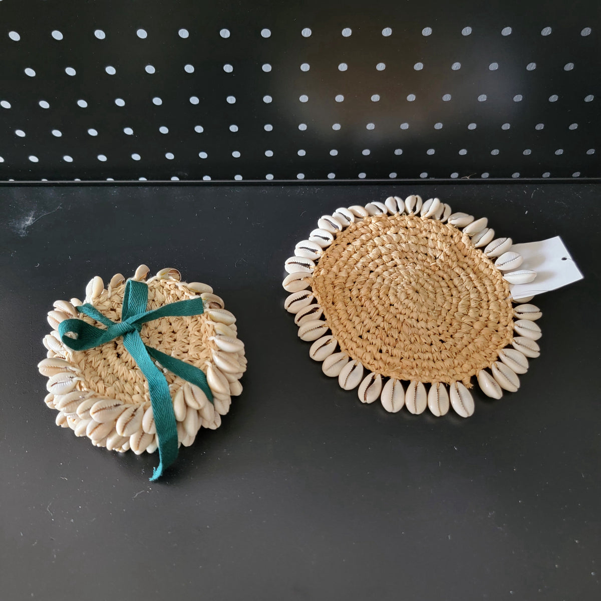 Handwoven Raffia Coasters with Natural Cowrie Shells – Boho Coastal Drink Coaster Set