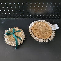 Handwoven Raffia Coasters with Natural Cowrie Shells – Boho Coastal Drink Coaster Set