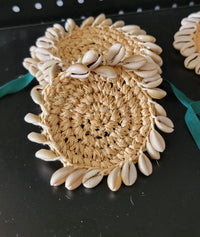Handwoven Raffia Coasters with Natural Cowrie Shells – Boho Coastal Drink Coaster Set