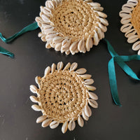 Handwoven Raffia Coasters with Natural Cowrie Shells – Boho Coastal Drink Coaster Set