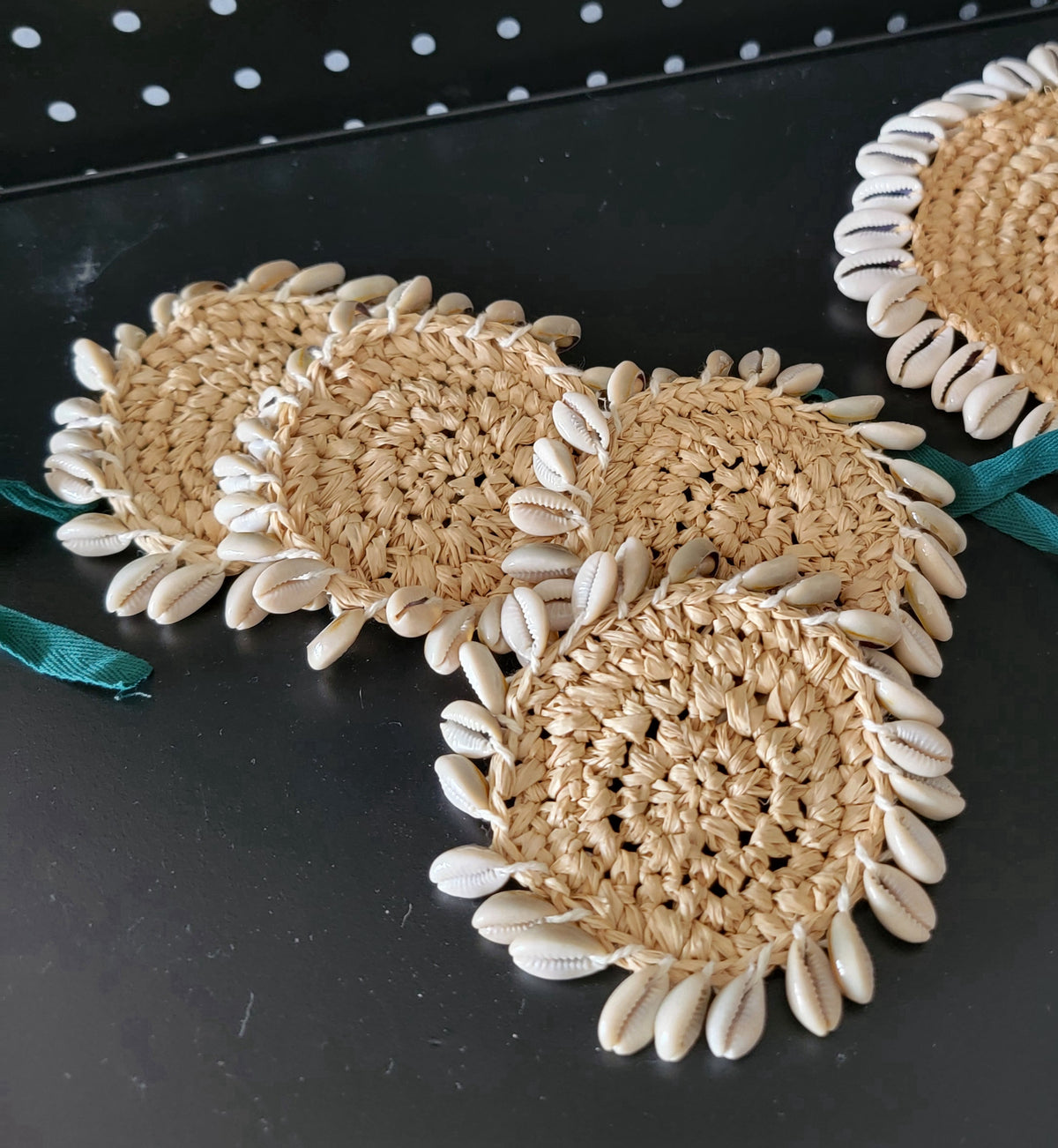 Handwoven Raffia Coasters with Natural Cowrie Shells – Boho Coastal Drink Coaster Set