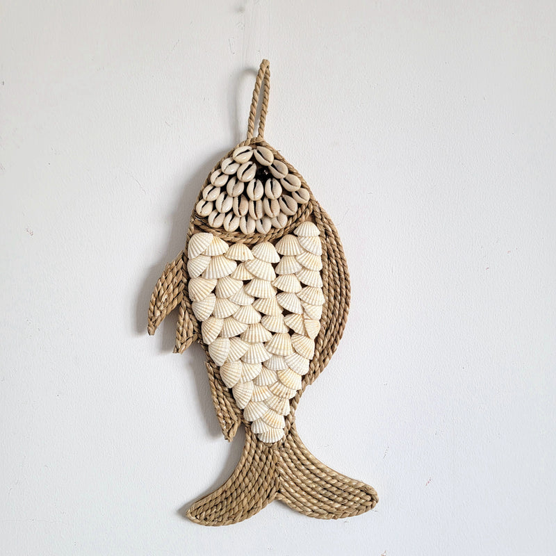 free shippig seashells Handcrafted Seashell & Wicker Fish Wall Hanging Coastal Nautical Decor Seashell Fish Wall Art Handmade Coastal Boho Decor | Raffia Beach Accent Boho Coastal Fish Wall Decor | Handmade Seashell & Raffia Hanging