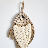 free shippig seashells Handcrafted Seashell & Wicker Fish Wall Hanging Coastal Nautical Decor Seashell Fish Wall Art Handmade Coastal Boho Decor | Raffia Beach Accent Boho Coastal Fish Wall Decor | Handmade Seashell & Raffia Hanging