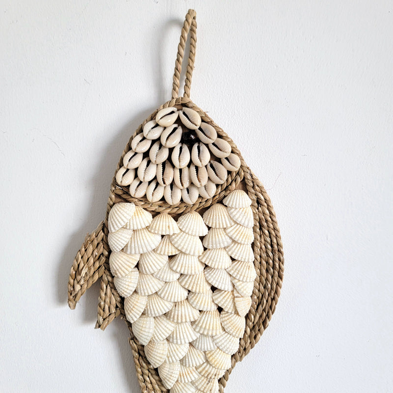 free shippig seashells Handcrafted Seashell & Wicker Fish Wall Hanging Coastal Nautical Decor Seashell Fish Wall Art Handmade Coastal Boho Decor | Raffia Beach Accent Boho Coastal Fish Wall Decor | Handmade Seashell & Raffia Hanging
