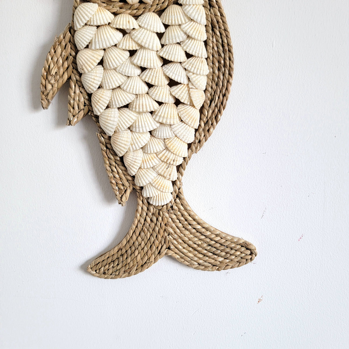 free shippig seashells Handcrafted Seashell & Wicker Fish Wall Hanging Coastal Nautical Decor Seashell Fish Wall Art Handmade Coastal Boho Decor | Raffia Beach Accent Boho Coastal Fish Wall Decor | Handmade Seashell & Raffia Hanging