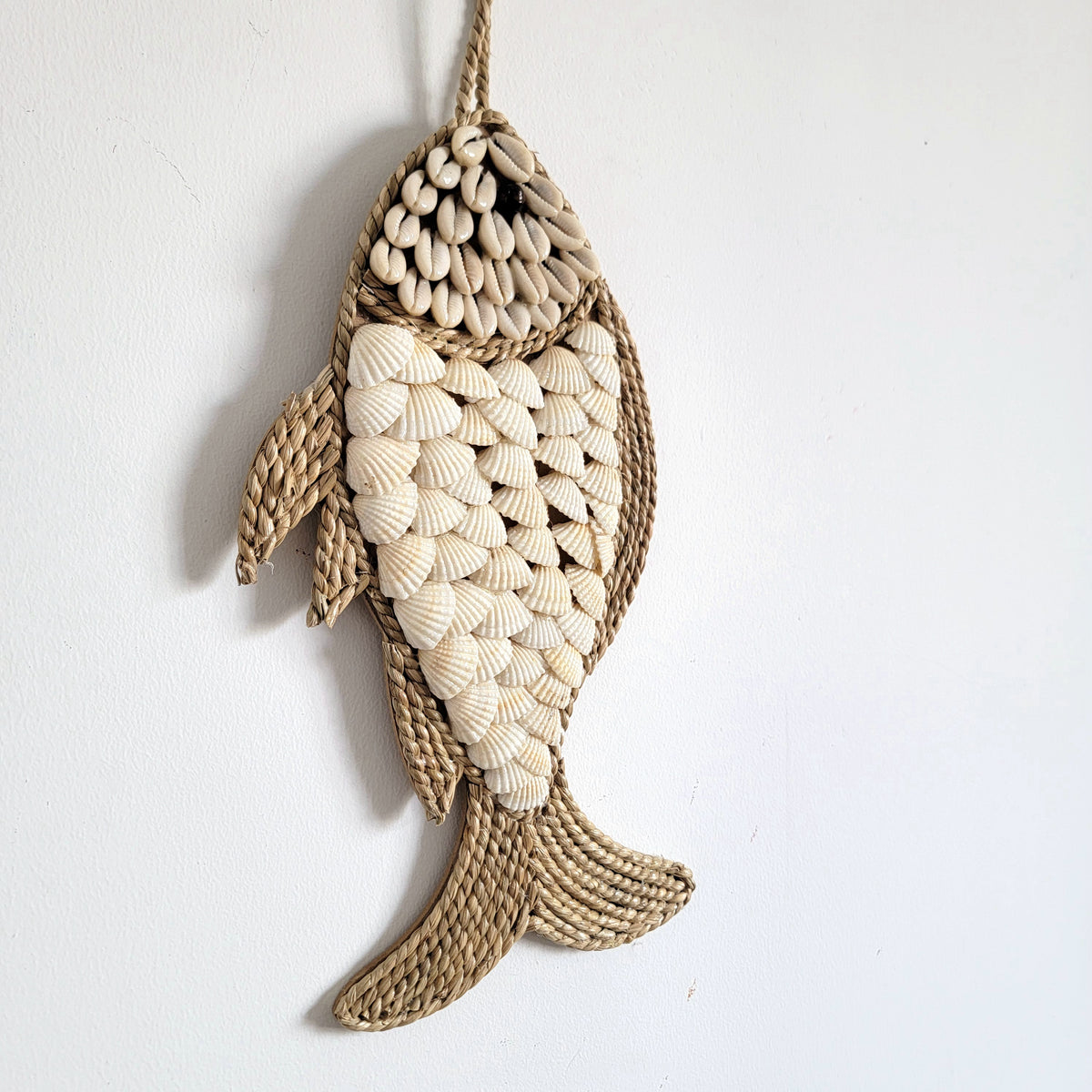 free shippig seashells Handcrafted Seashell & Wicker Fish Wall Hanging Coastal Nautical Decor Seashell Fish Wall Art Handmade Coastal Boho Decor | Raffia Beach Accent Boho Coastal Fish Wall Decor | Handmade Seashell & Raffia Hanging